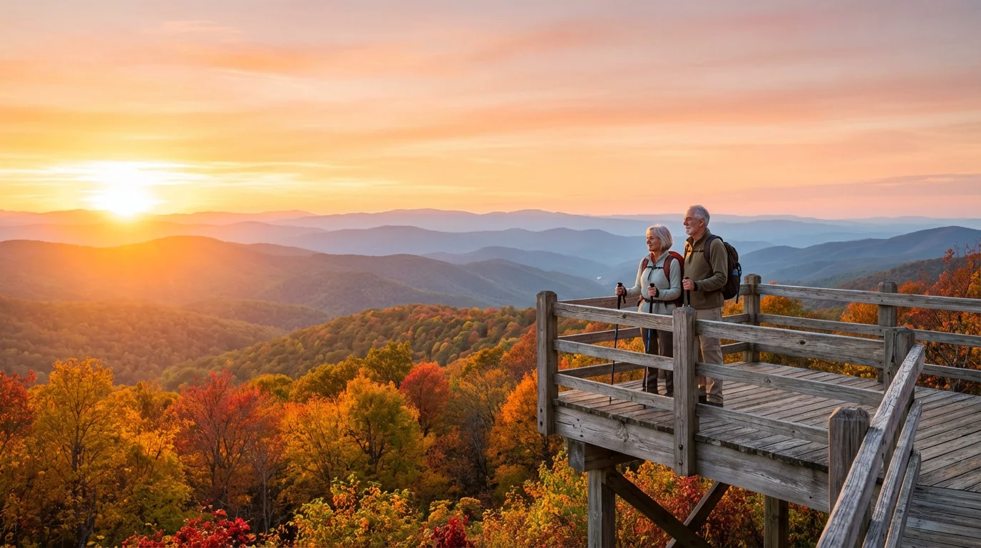 Senior couple enjoying a scenic golden hour sunset over the Blue Ridge Mountains, North Carolina.