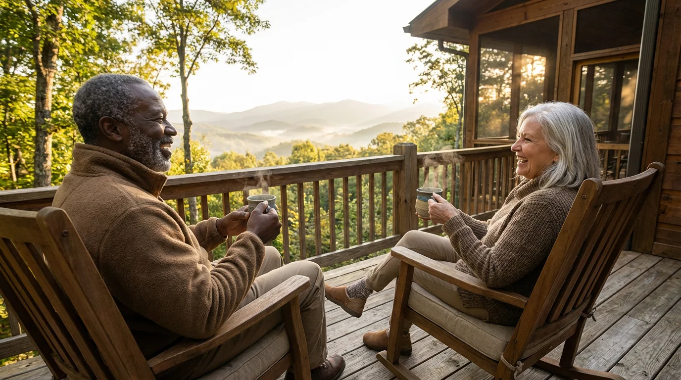 Senior couple enjoying coffee on a mountain cabin deck overlooking North Carolina's Blue Ridge.