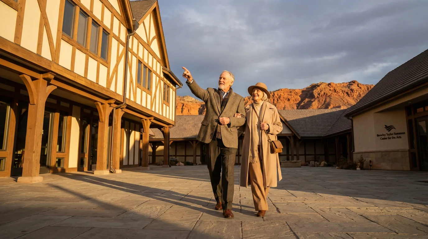 Senior couple enjoying the architecture of the Utah Shakespeare Festival in Cedar City.