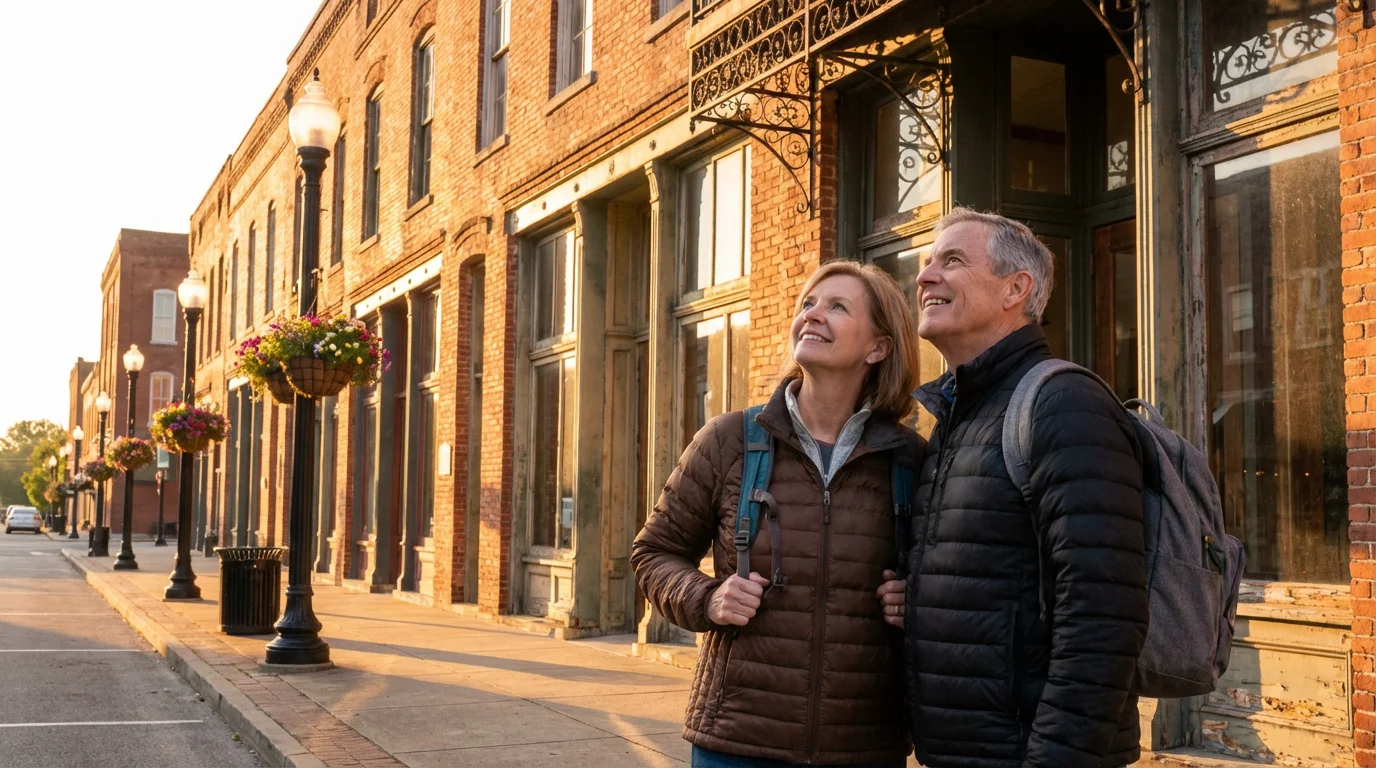 Senior couple exploring a historic downtown street in Tennessee during a warm golden hour.