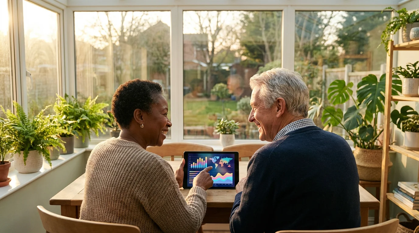 Senior couple from over-the-shoulder, planning retirement finances on a tablet during golden hour.