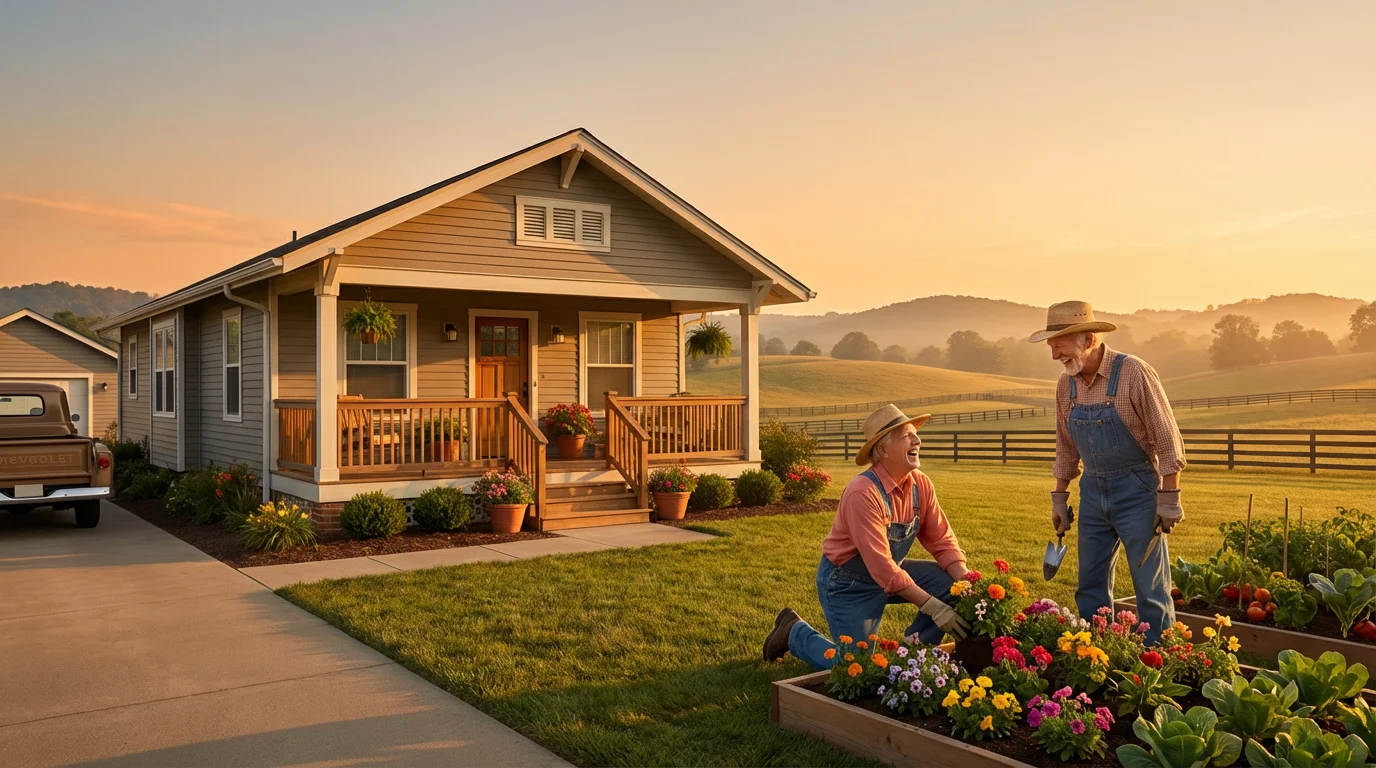 Senior couple gardening in the front yard of their Kentucky home during a warm sunset.