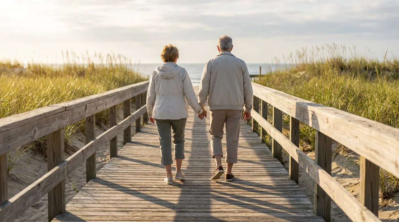 Senior couple holding hands while walking on a sunny beach boardwalk in Delaware.