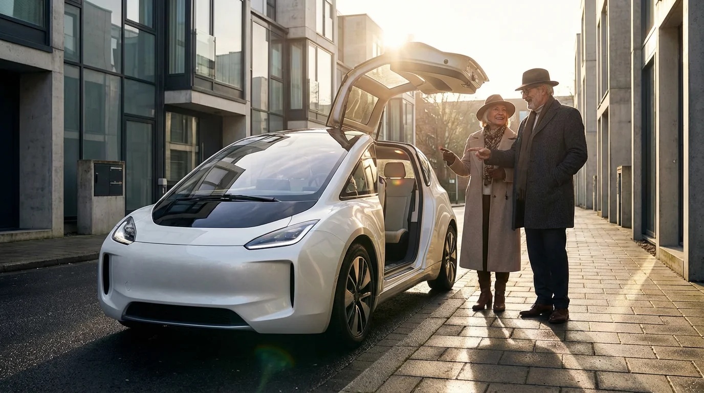 Senior couple looking at a futuristic, self-driving autonomous car on a modern suburban street.