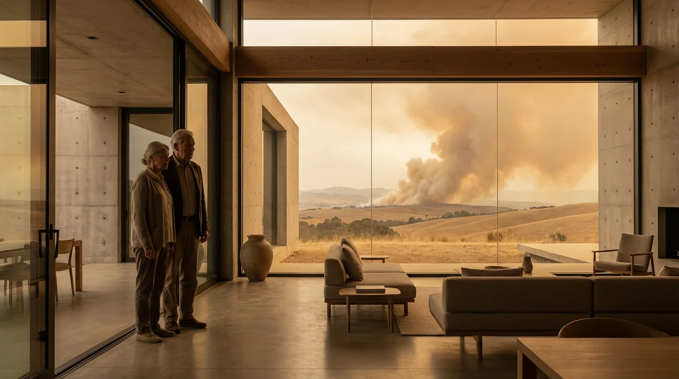 Senior couple looking out a large window at distant wildfire smoke threatening their home.