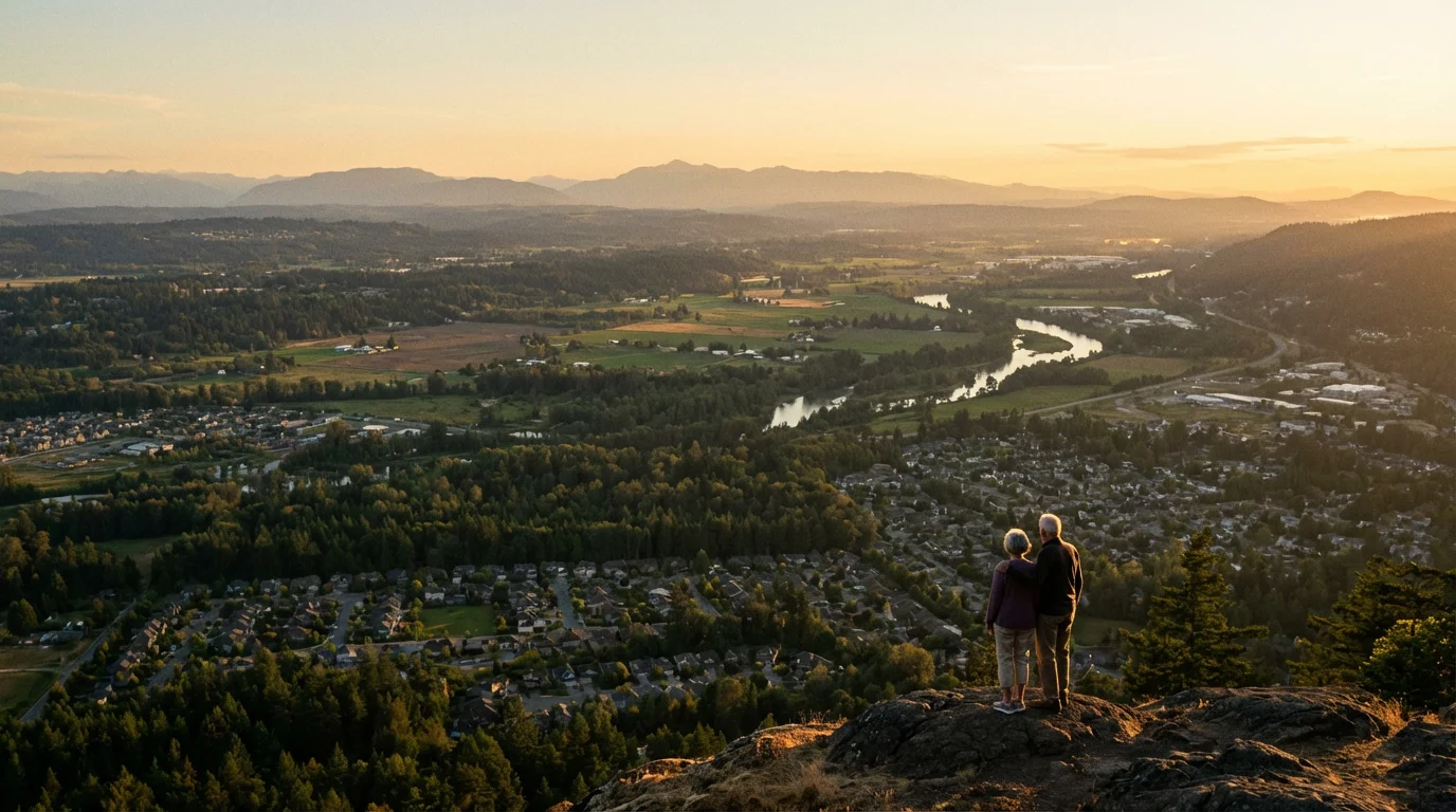 Senior couple looking out over a vast valley landscape during a warm golden hour.