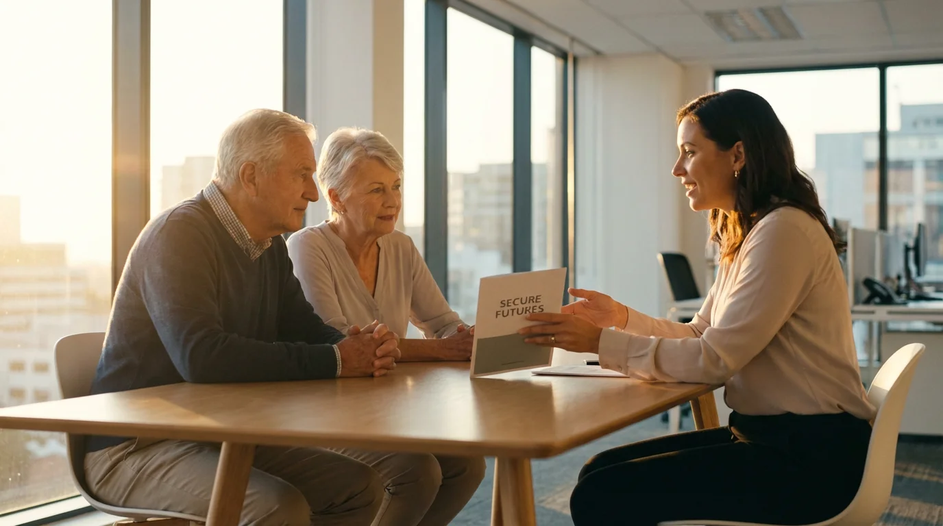 Senior couple meeting with a financial advisor to discuss senior living affordability options.