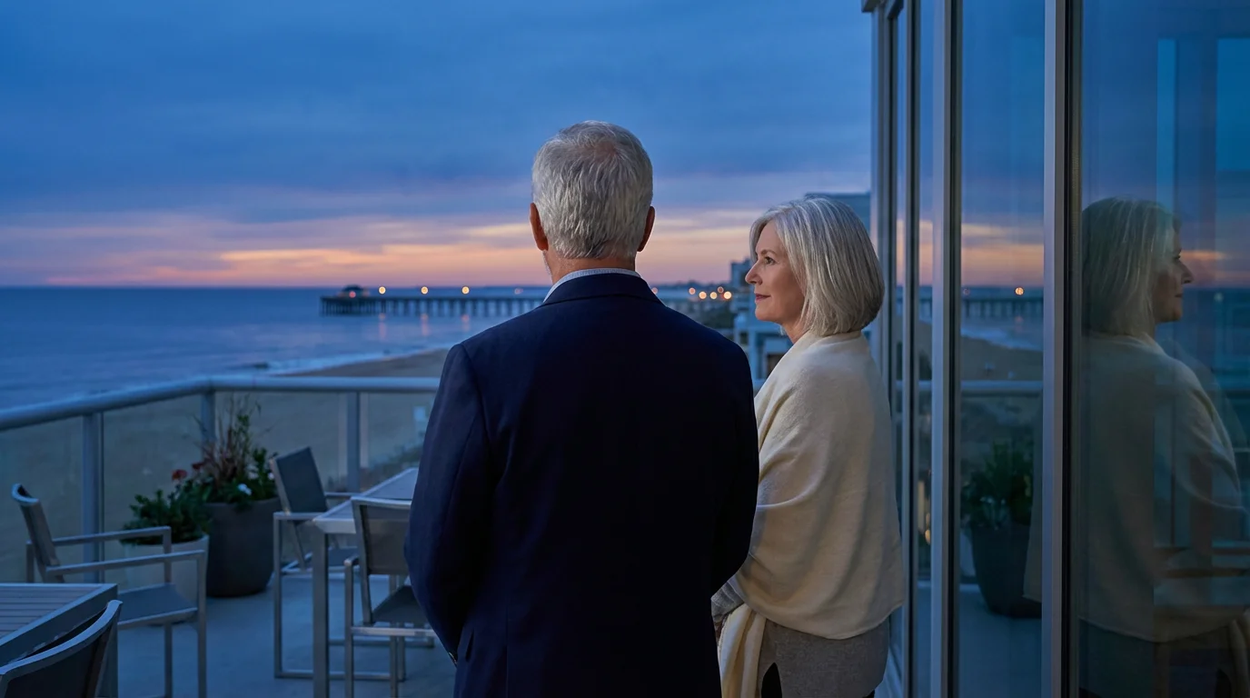 Senior couple on a balcony overlooking the Virginia Beach ocean at twilight.