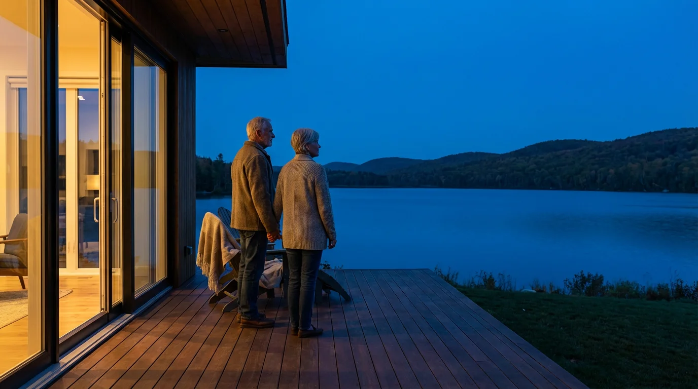 Senior couple on a modern deck at dusk, looking out at a vast lake.