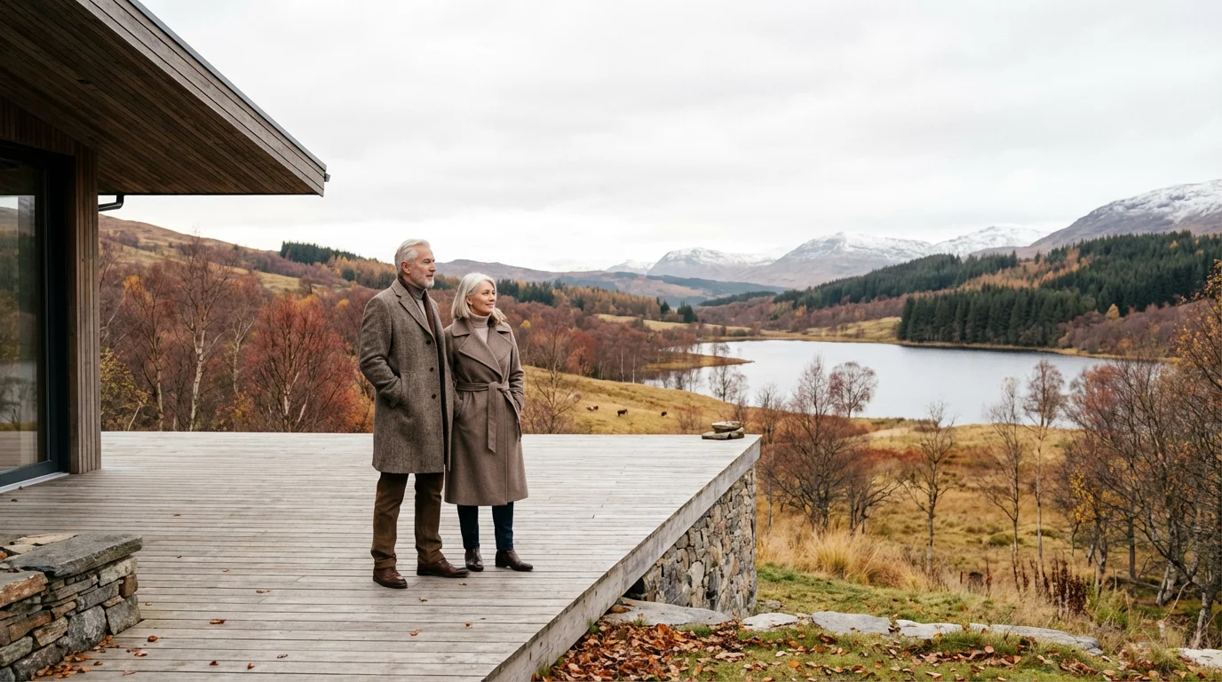 Senior couple on a modern deck overlooking a vast lake and mountain landscape in autumn.