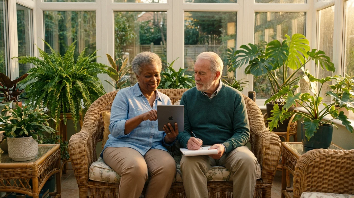 Senior couple researches affordable senior living options on a tablet in their sunroom at sunset.