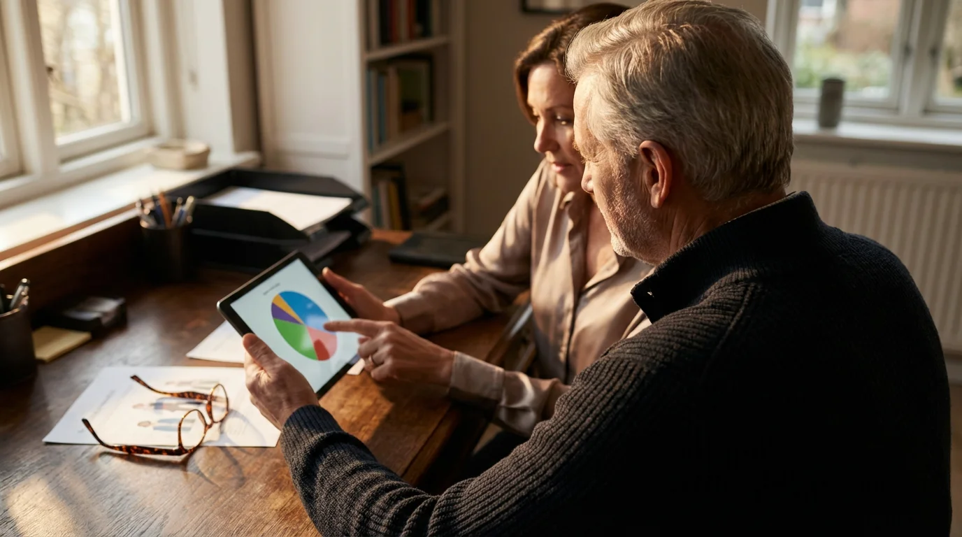 Senior couple reviewing financial charts on a tablet in a home office.