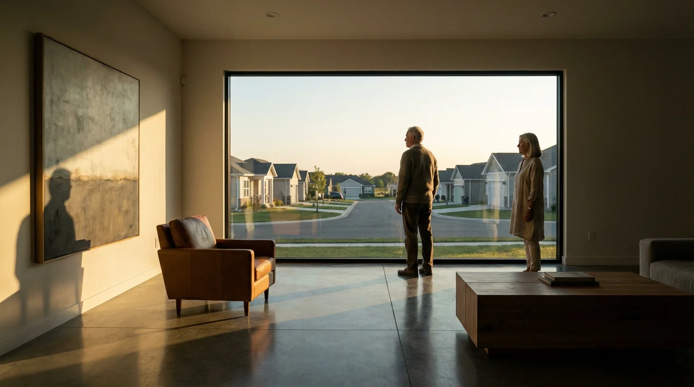 Senior couple thoughtfully looking out the window of their modern 55+ community home.