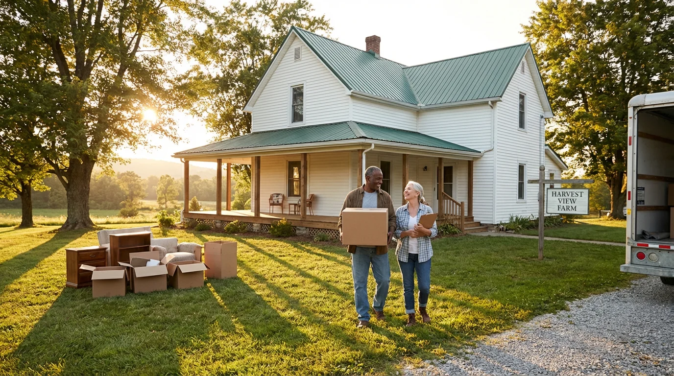 Senior couple unpacking moving boxes on the porch of their new rural home at sunset.