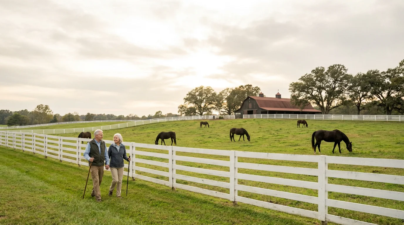 Senior couple walking along a white fence at a scenic Kentucky horse farm.