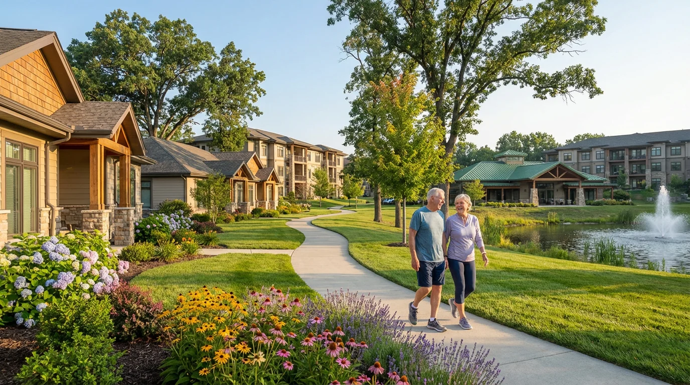 Senior couple walking through a modern, sunny independent living community.