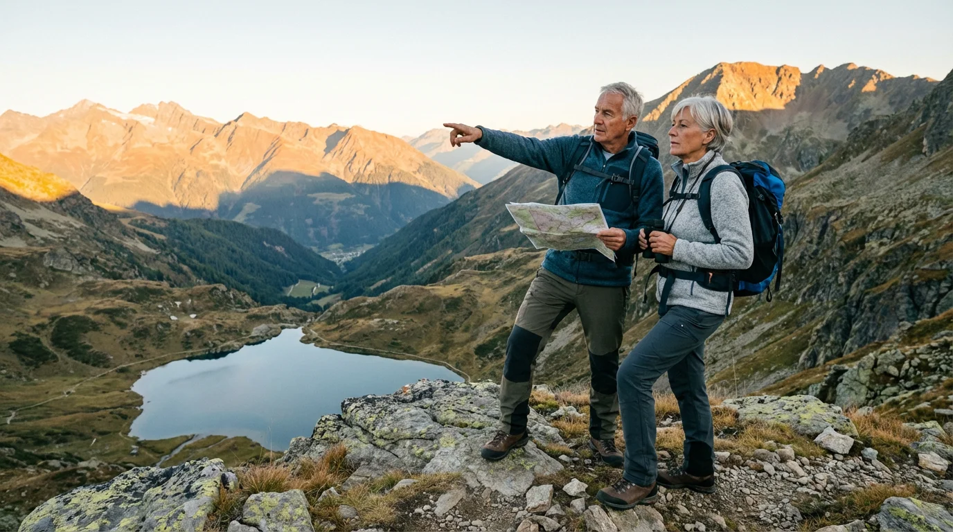 Senior couple with a map planning their retirement adventures at a scenic mountain overlook.