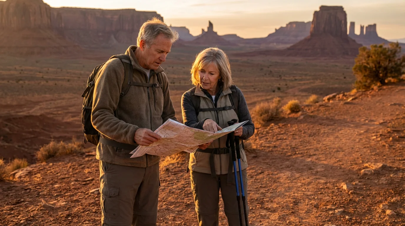 Senior couple with a map planning their retirement in the Arizona desert at golden hour.