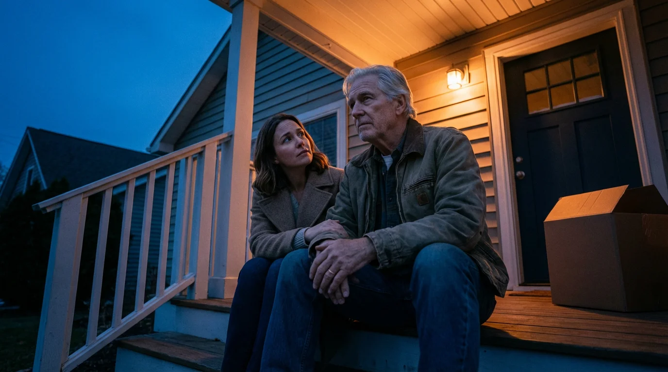 Senior father and adult daughter having a pensive conversation on a porch at dusk.
