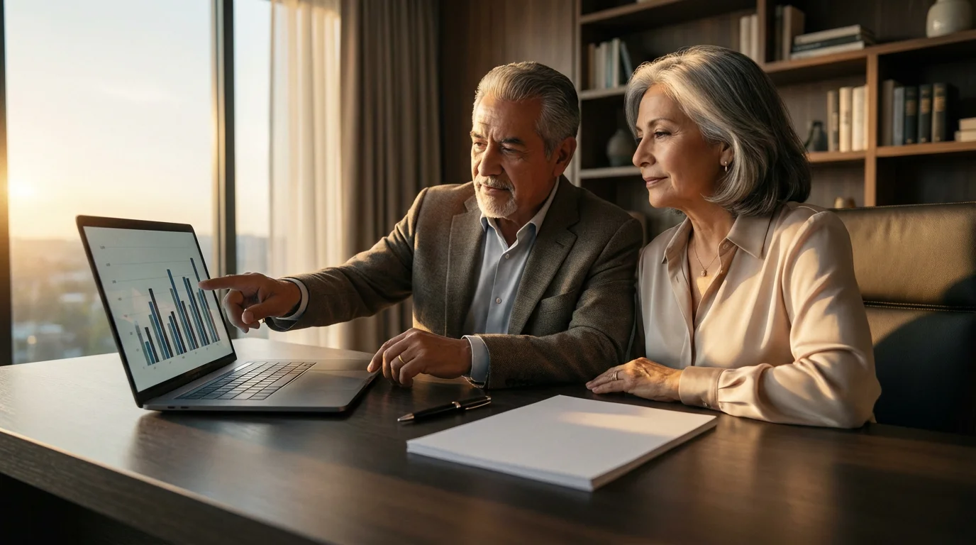 Senior Latino couple at a desk reviewing financial charts on a laptop at sunset.