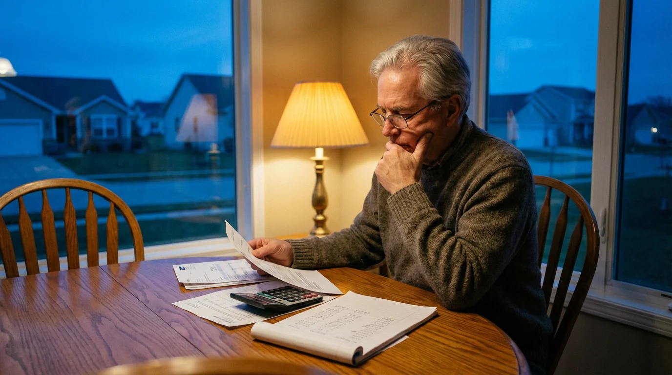 Senior man at a table planning his retirement budget in the evening.