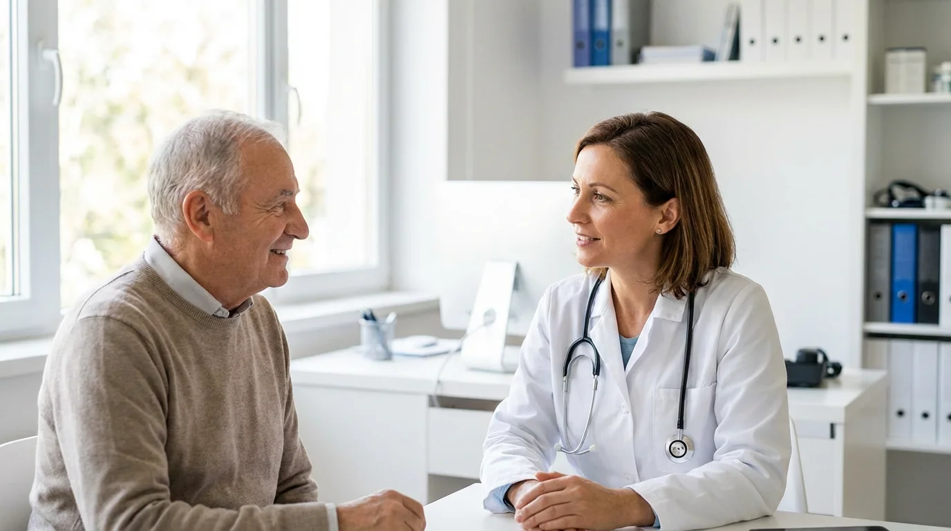 Senior man having a positive consultation with a female doctor in a modern clinic.