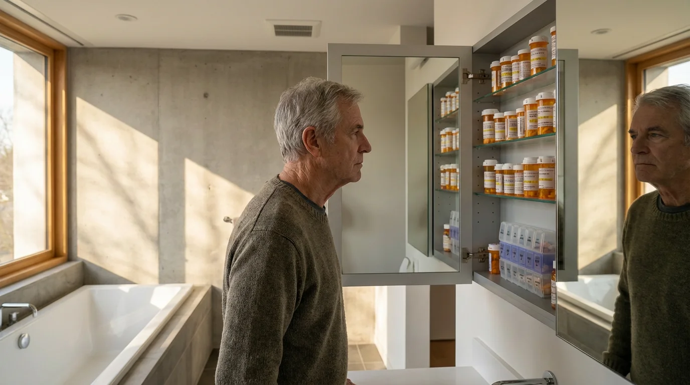 Senior man looking contemplatively at prescription bottles inside his bathroom medicine cabinet.