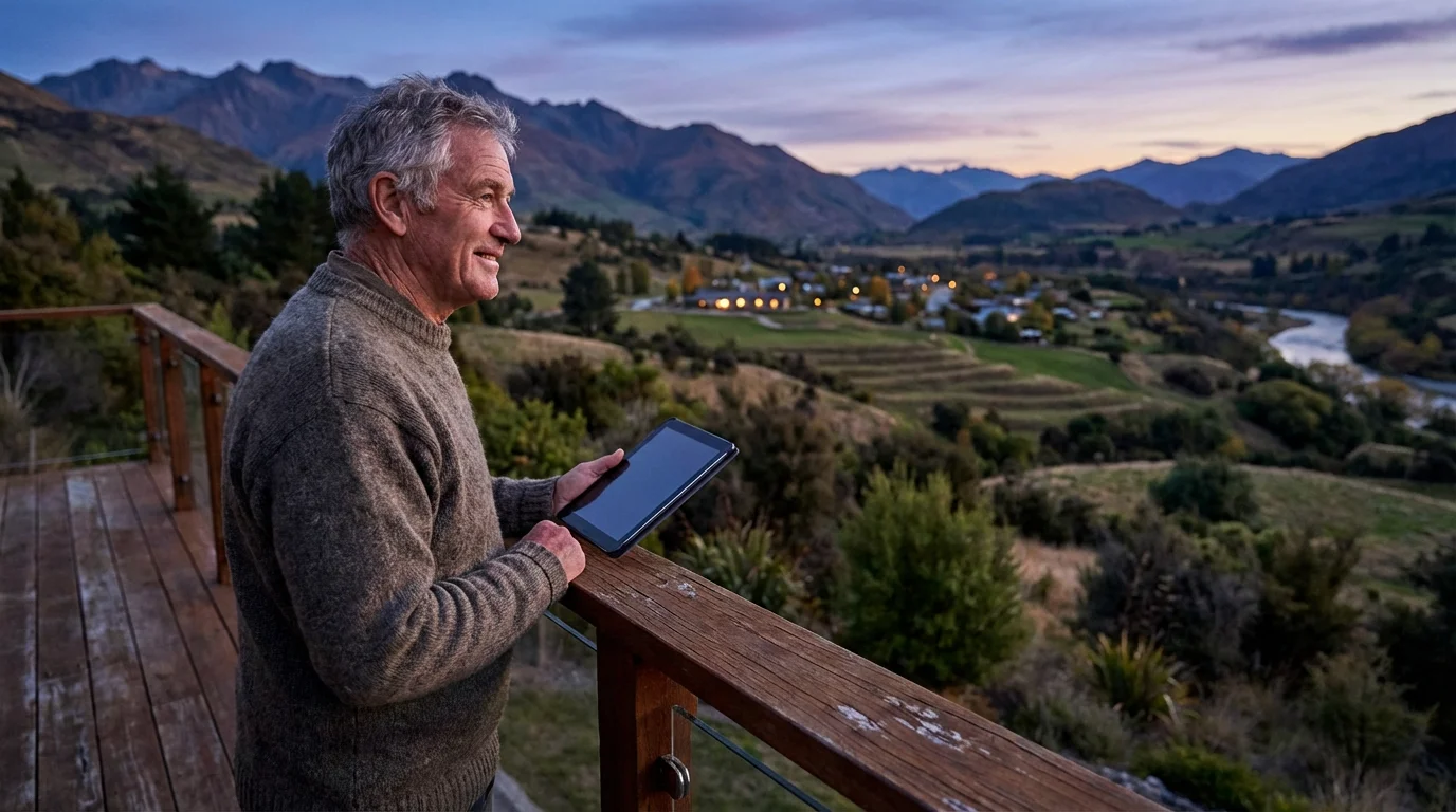 Senior man on a balcony overlooking a peaceful mountain valley town at twilight.