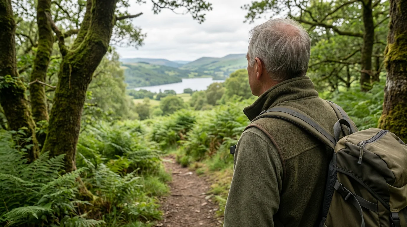 Senior man on a hiking trail enjoying a scenic view of rolling hills.