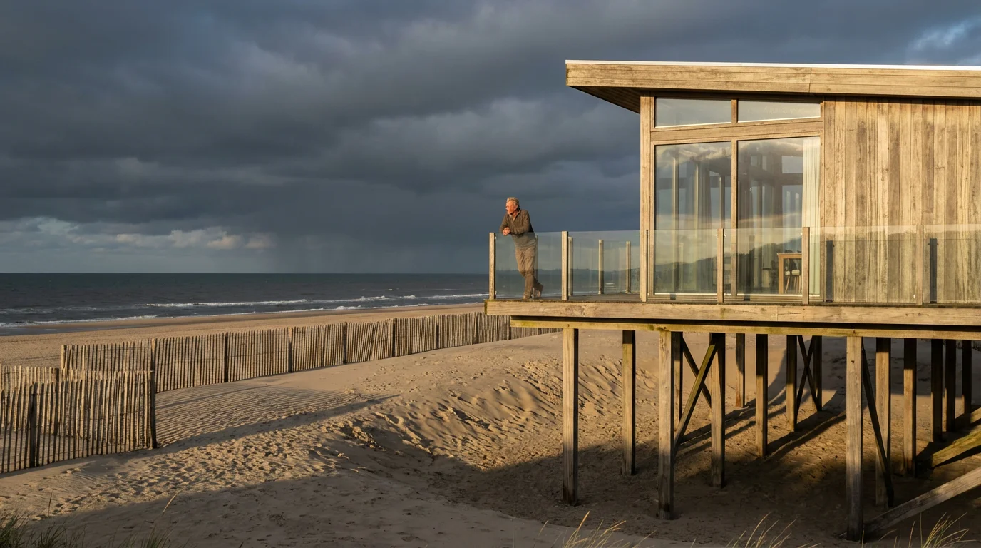 Senior man on a modern beach house deck contemplating the ocean with gathering storm clouds.