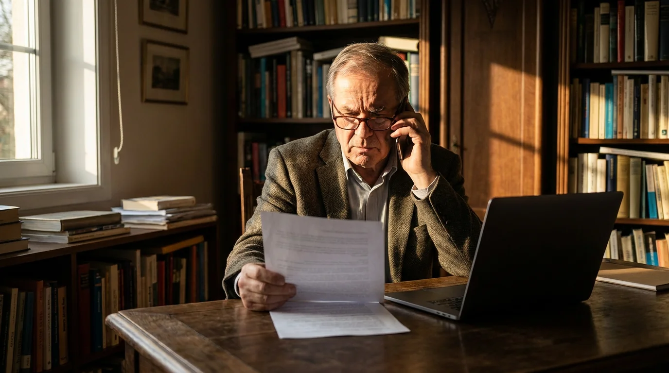 Senior man on the phone at his desk, looking concerned while reviewing a document.