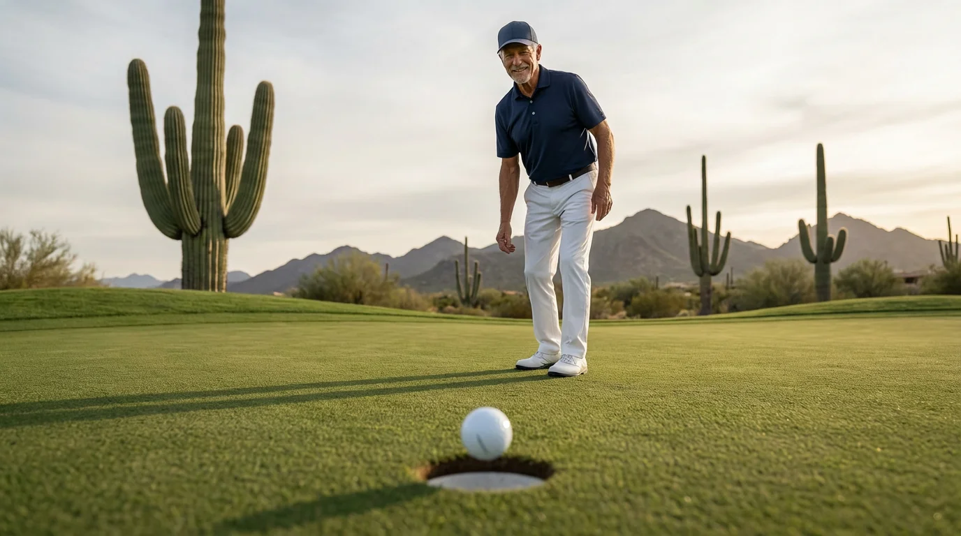 Senior man putting on a beautiful Scottsdale, Arizona golf course in the afternoon.