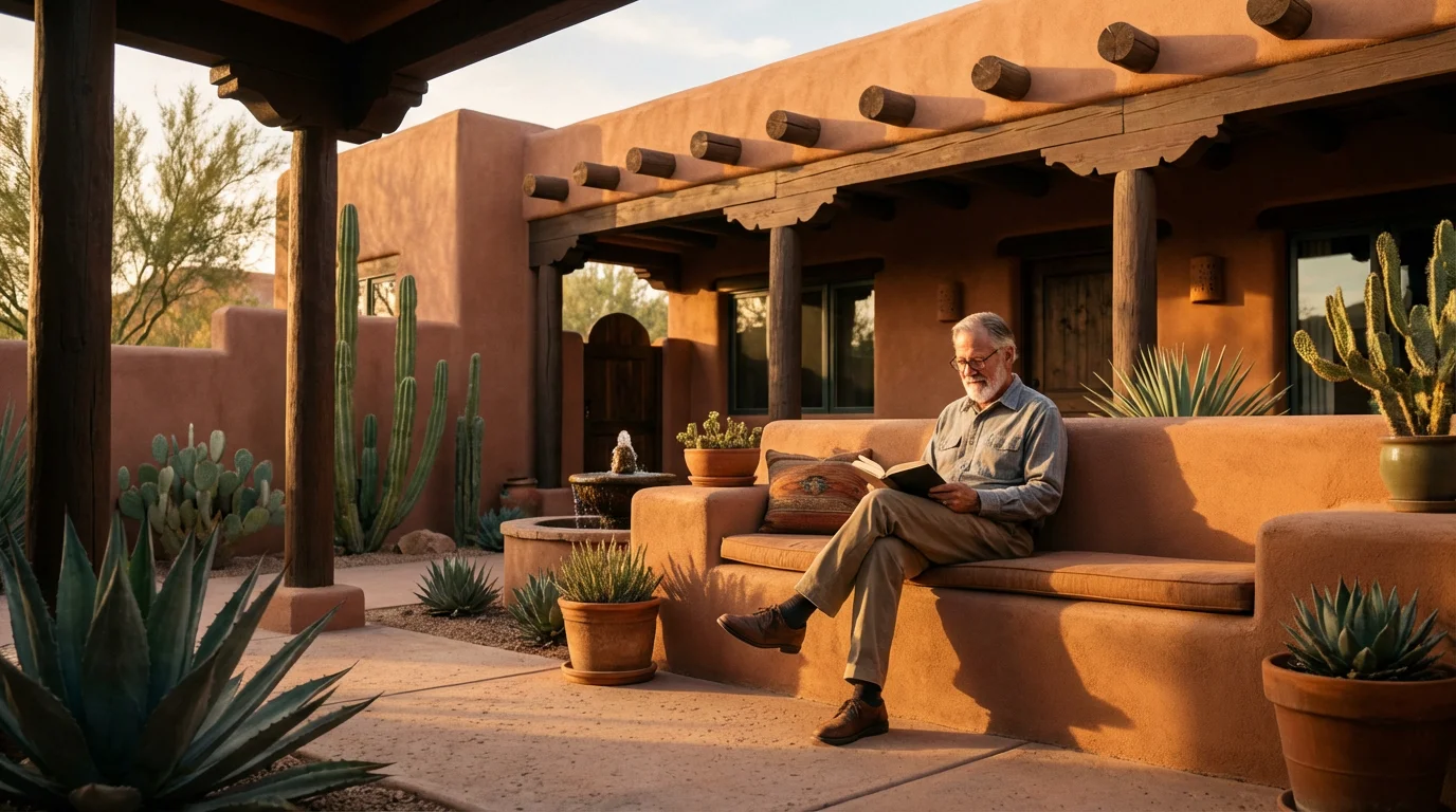 Senior man reading a book in a sunny Southwestern adobe-style courtyard at golden hour.