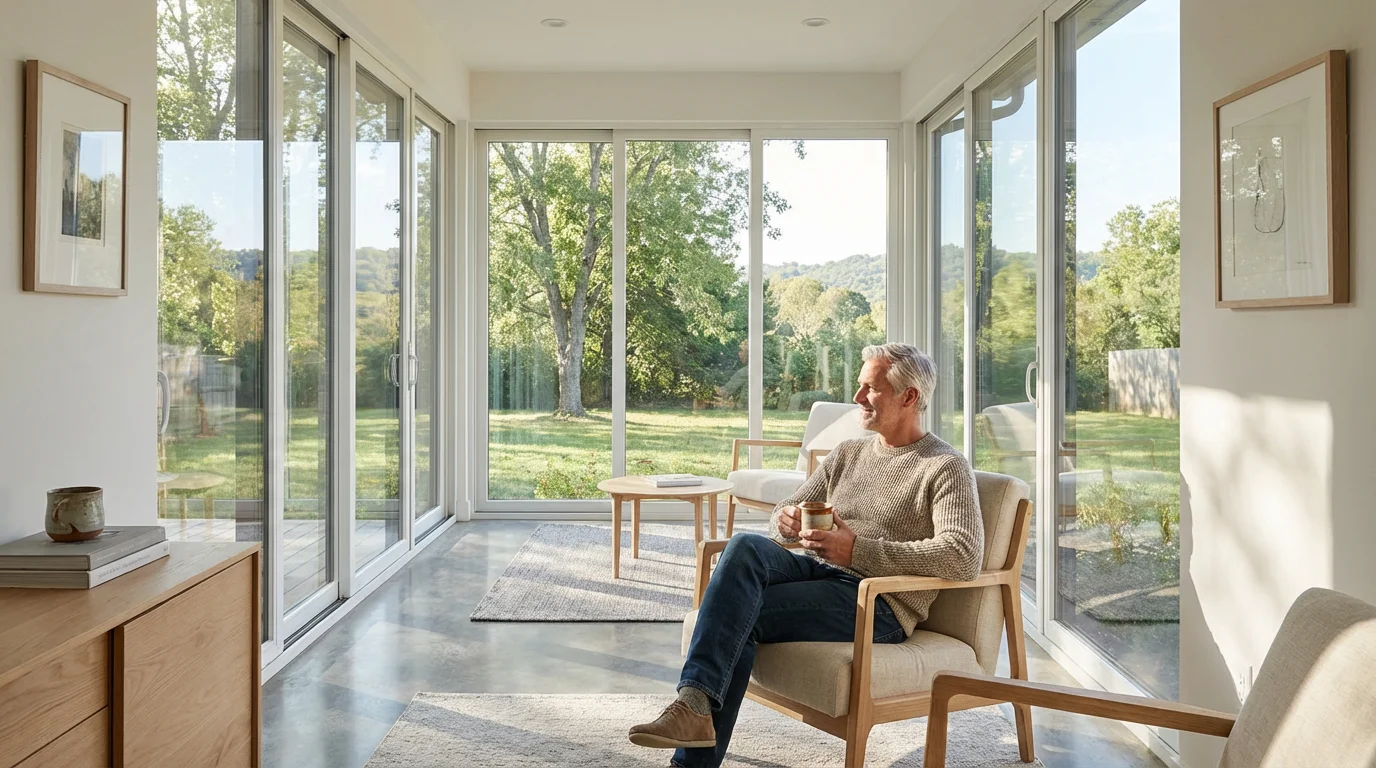 Senior man relaxes with coffee in a sunlit living room of his Tennessee home.