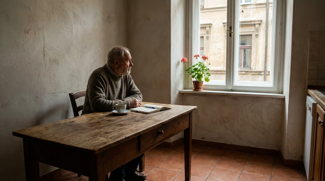Senior man sits thoughtfully at a table in a European apartment, representing expat life.