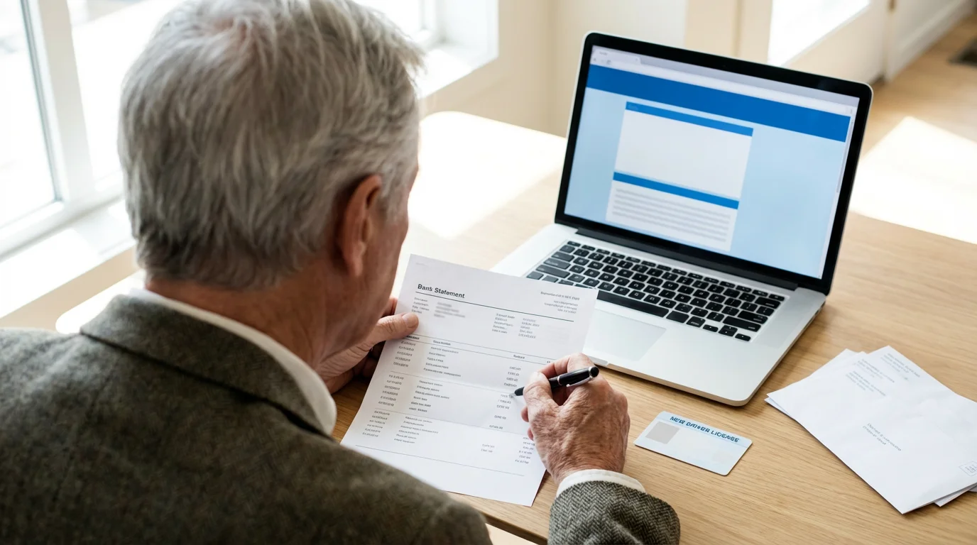 Senior man updating his financial records and identification at a desk with natural light.