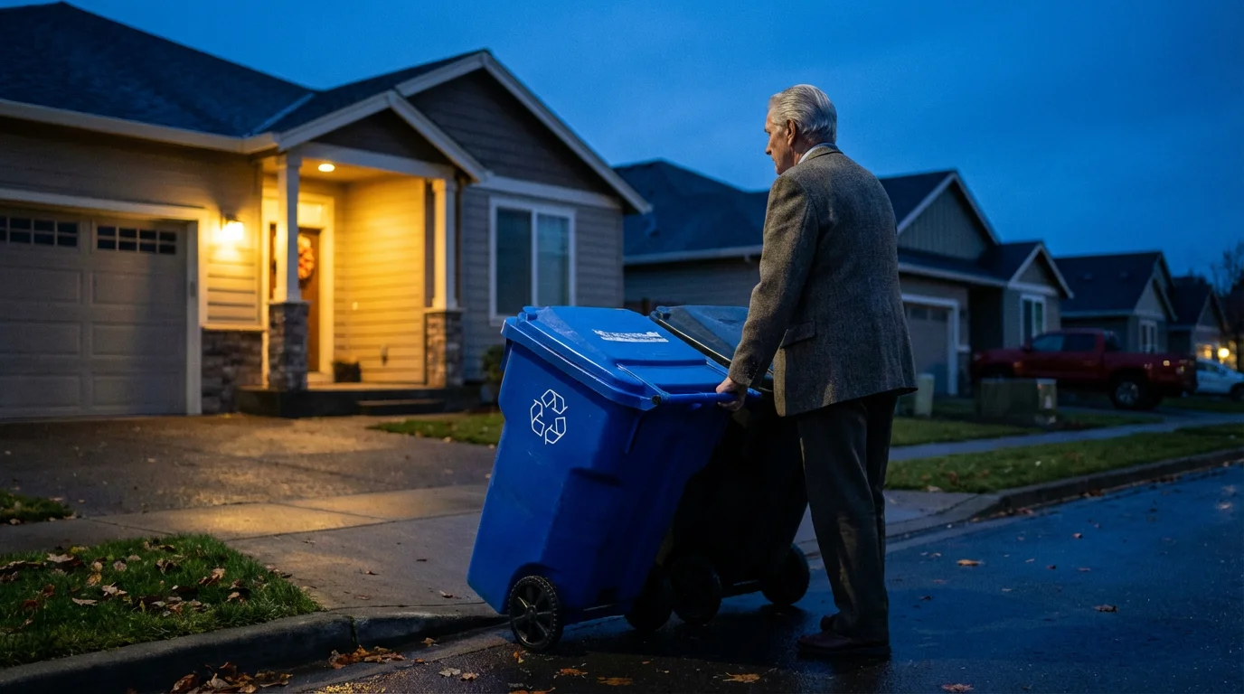 Senior man wheels recycling and trash bins down a driveway in the evening.