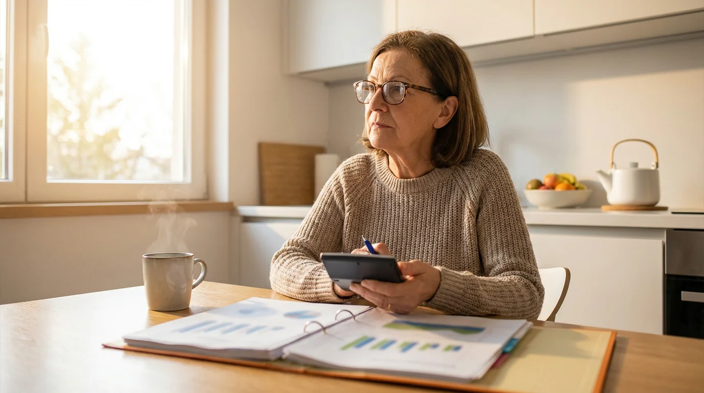 Senior woman at a sunlit table reviewing financial papers for retirement planning.