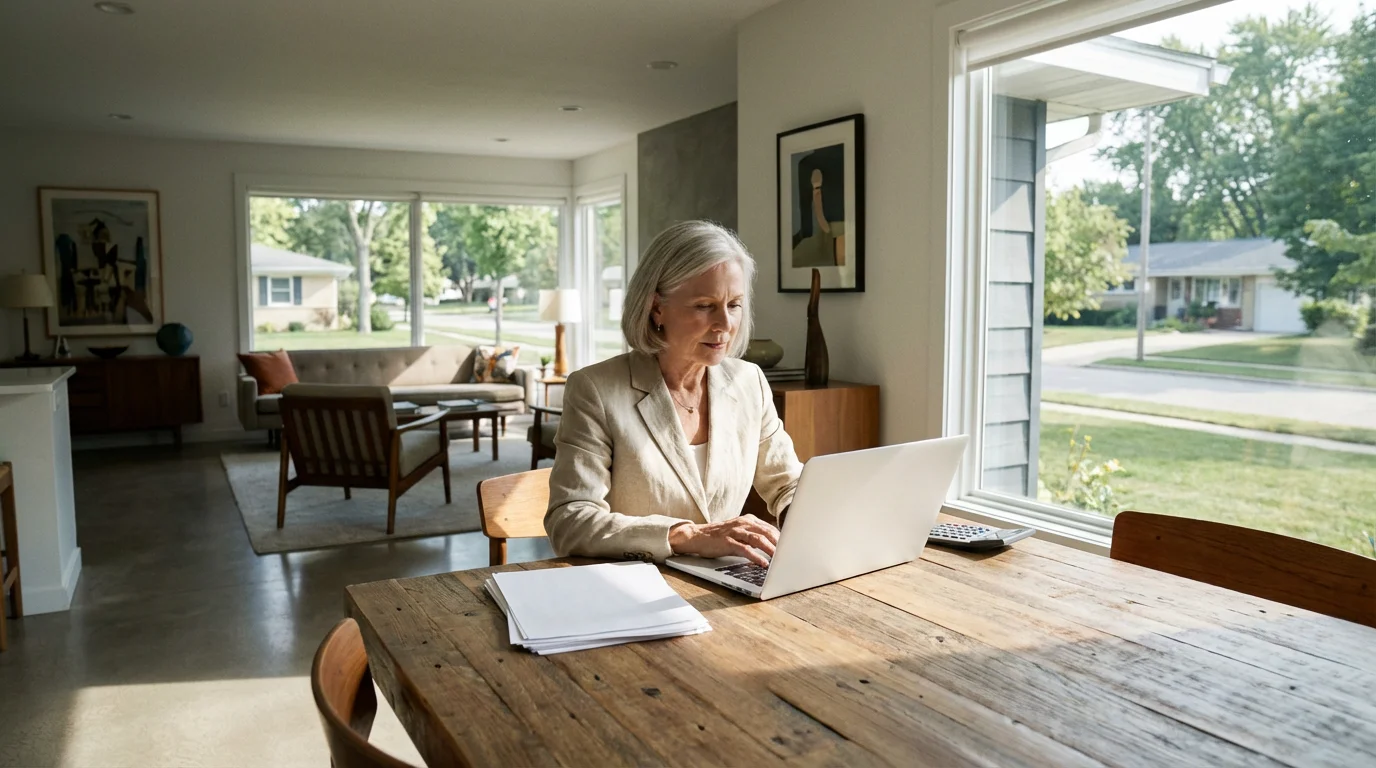 Senior woman at a table with a laptop and calculator planning her retirement finances.