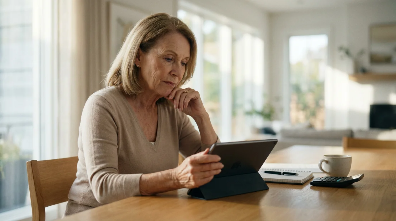 Senior woman at a table with a tablet and calculator, planning senior living costs.