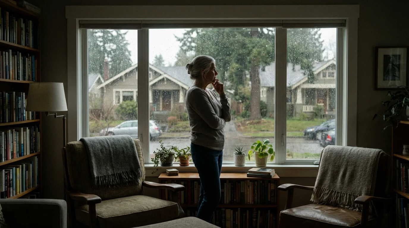 Senior woman looking out a window at a rainy Oregon street, contemplating retirement.