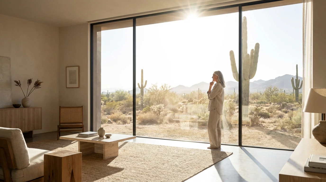 Senior woman looks out a large window from her modern living room onto a hot desert landscape.