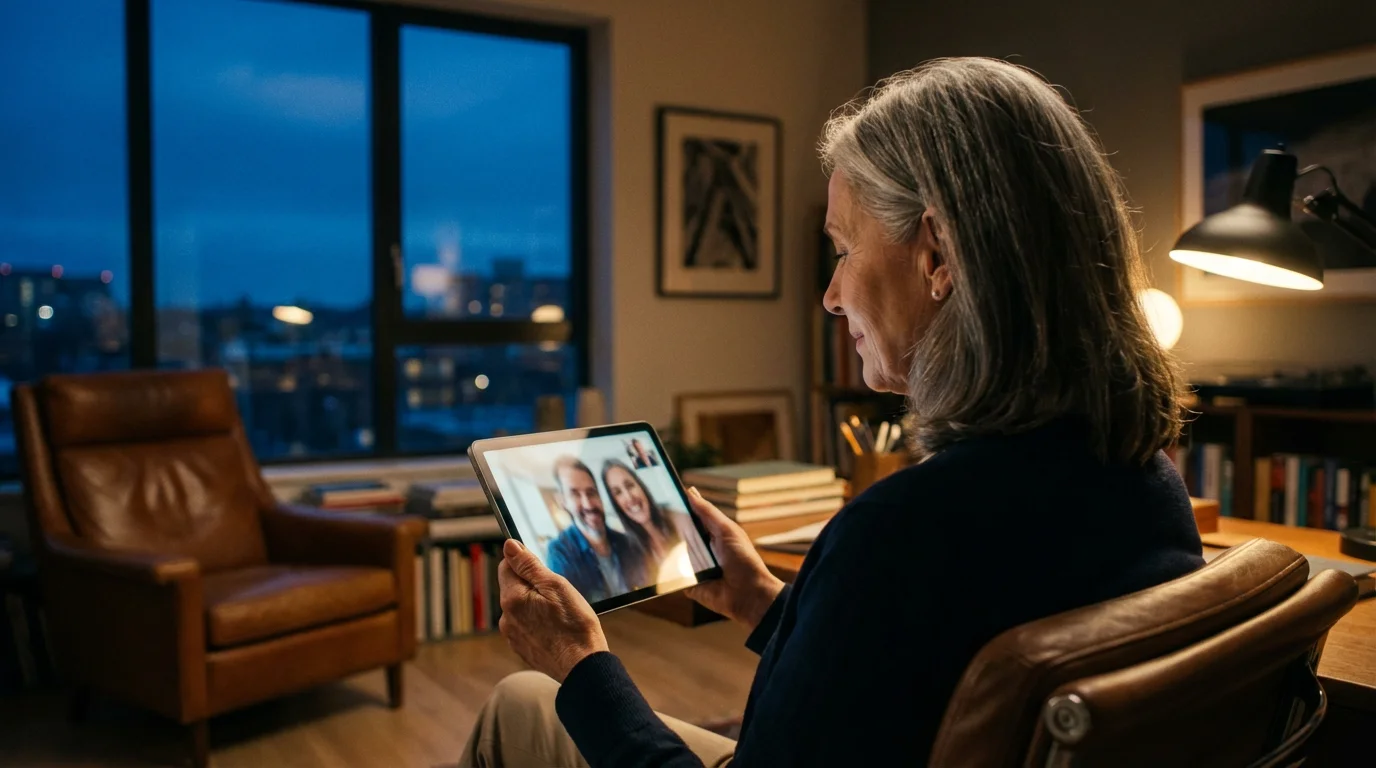 Senior woman on an evening video call with her family on a tablet.