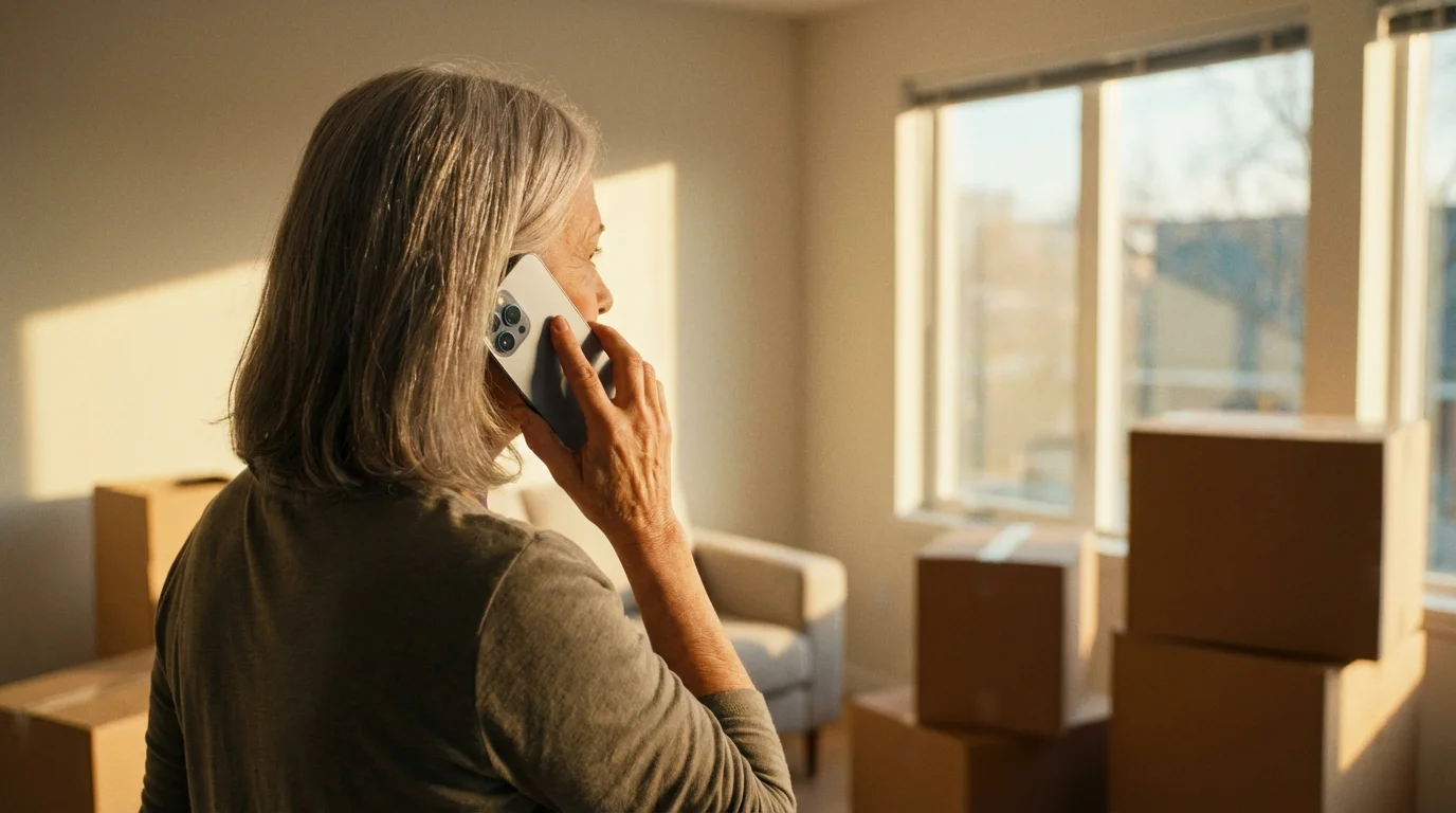 Senior woman on the phone arranging utilities in her new home during golden hour.