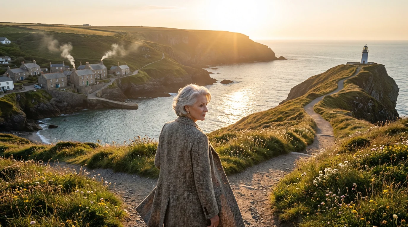 Senior woman stands at a fork in a coastal path, deciding on retirement housing.