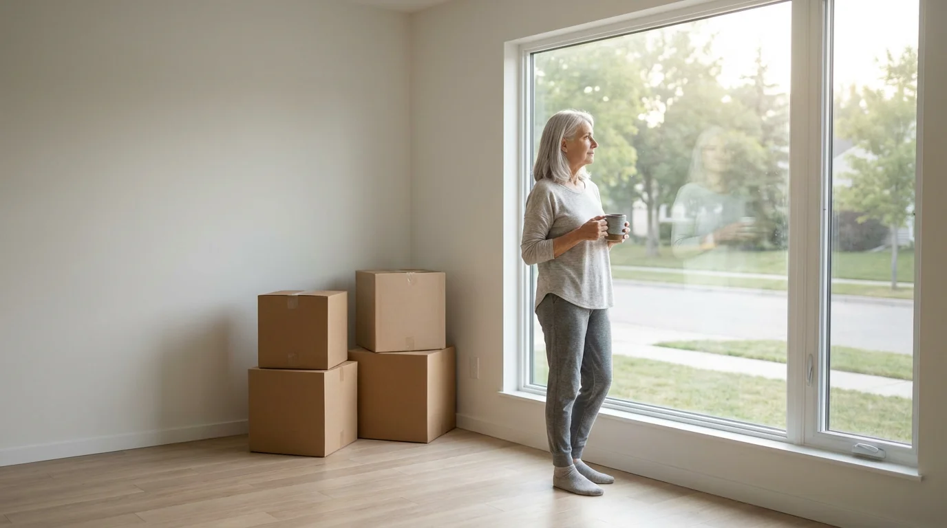 Senior woman with moving boxes thoughtfully looks out a window in a sunlit room.