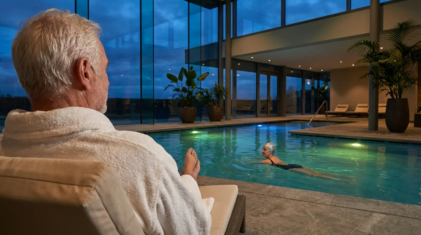 Seniors enjoying a luxurious indoor swimming pool in a retirement community at twilight.