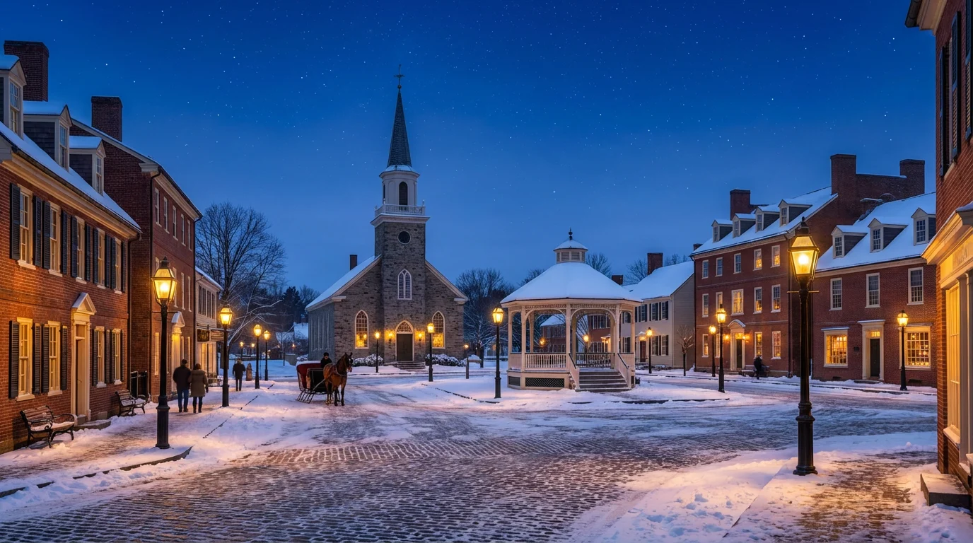 Snow-covered New England town square with glowing lights during a winter blue hour.