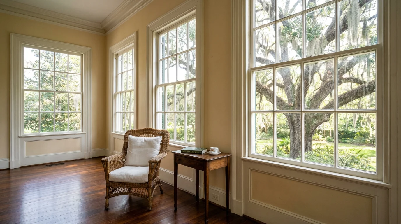 Sunlit historic Southern sunroom with wicker chair and view of a live oak tree.
