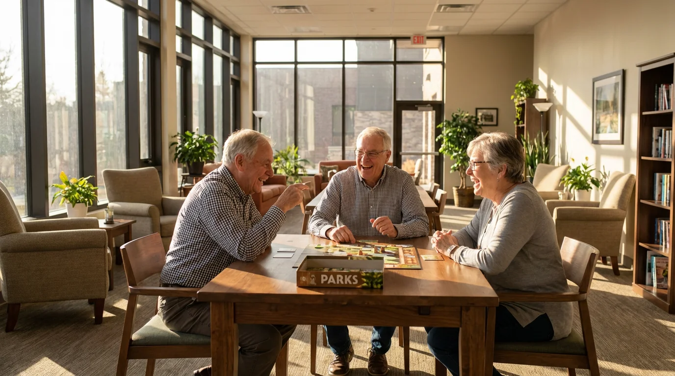 Three diverse seniors enjoy a board game in a modern retirement community common room.